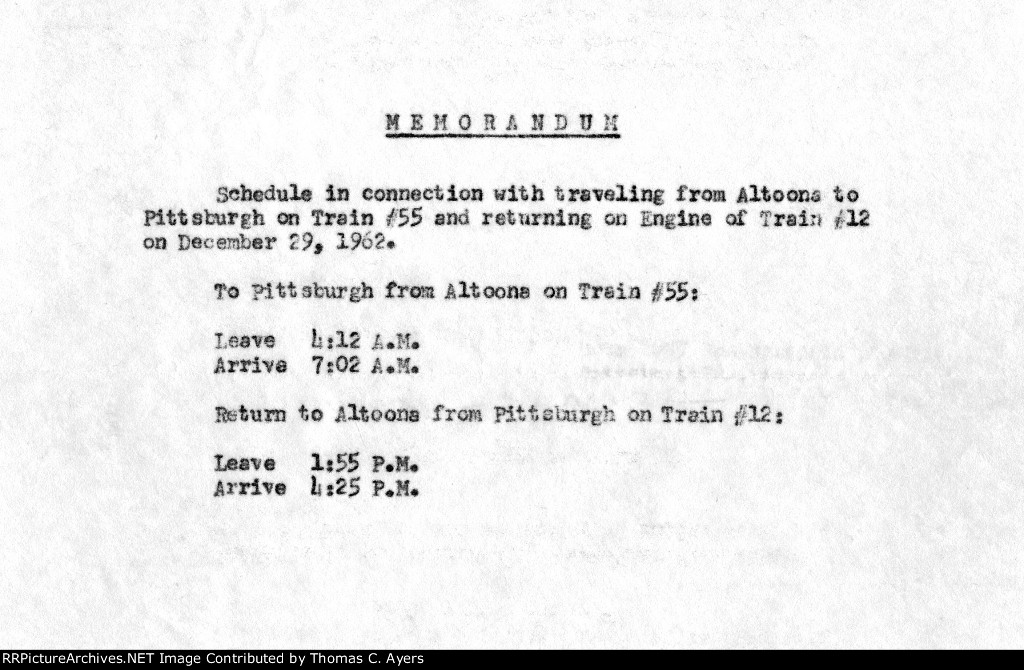 PRR Cab Ride, Itinerary Memorandum, 1962